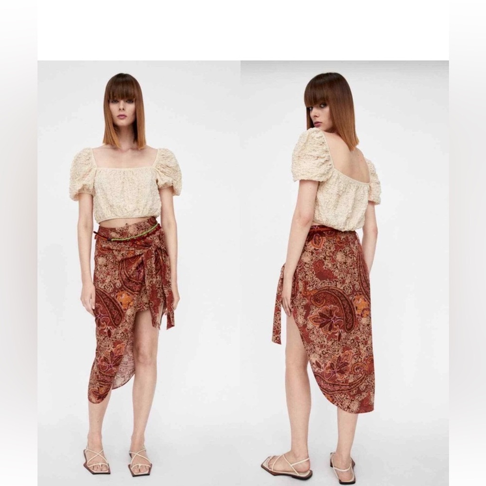 Zara brown red sarong mini midi Paisley Wrap Skirt dress printed layered